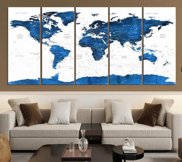 Blue World Map Wall Art Canvas Print 