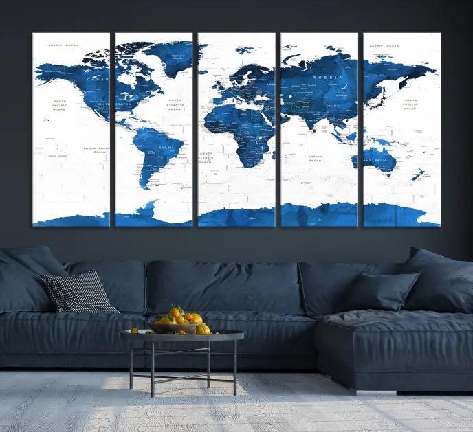 Blue World Map Wall Art Canvas Print 