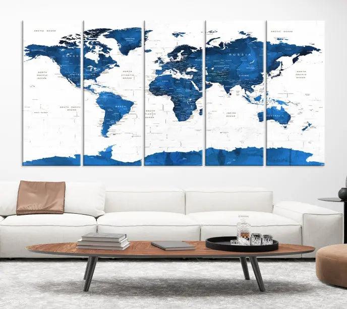 Blue World Map Wall Art Canvas Print 