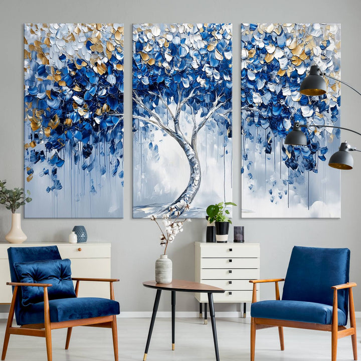 Blue and Gold Abstract Tree Wall Art Canvas Print | Modern Tree of Life Painting | Framed Canvas Print