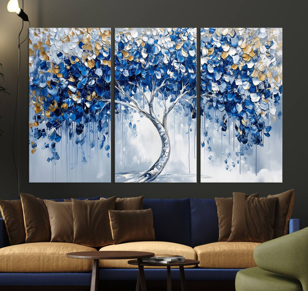 Blue and Gold Abstract Tree Wall Art Canvas Print | Modern Tree of Life Painting | Framed Canvas Print