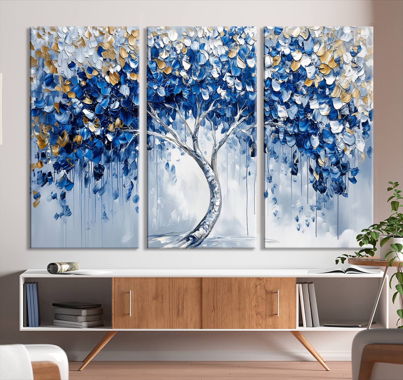 62350-MGV-CV-36X24-Blue and Gold Abstract Tree Wall Art Canvas Print | Modern Tree of Life Painting | Framed Canvas Print