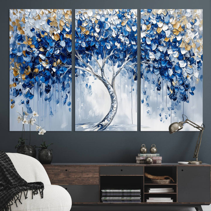 Blue and Gold Abstract Tree Wall Art Canvas Print | Modern Tree of Life Painting | Framed Canvas Print