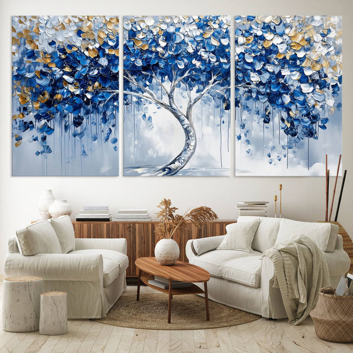 Blue and Gold Abstract Tree Wall Art Canvas Print | Modern Tree of Life Painting | Framed Canvas Print