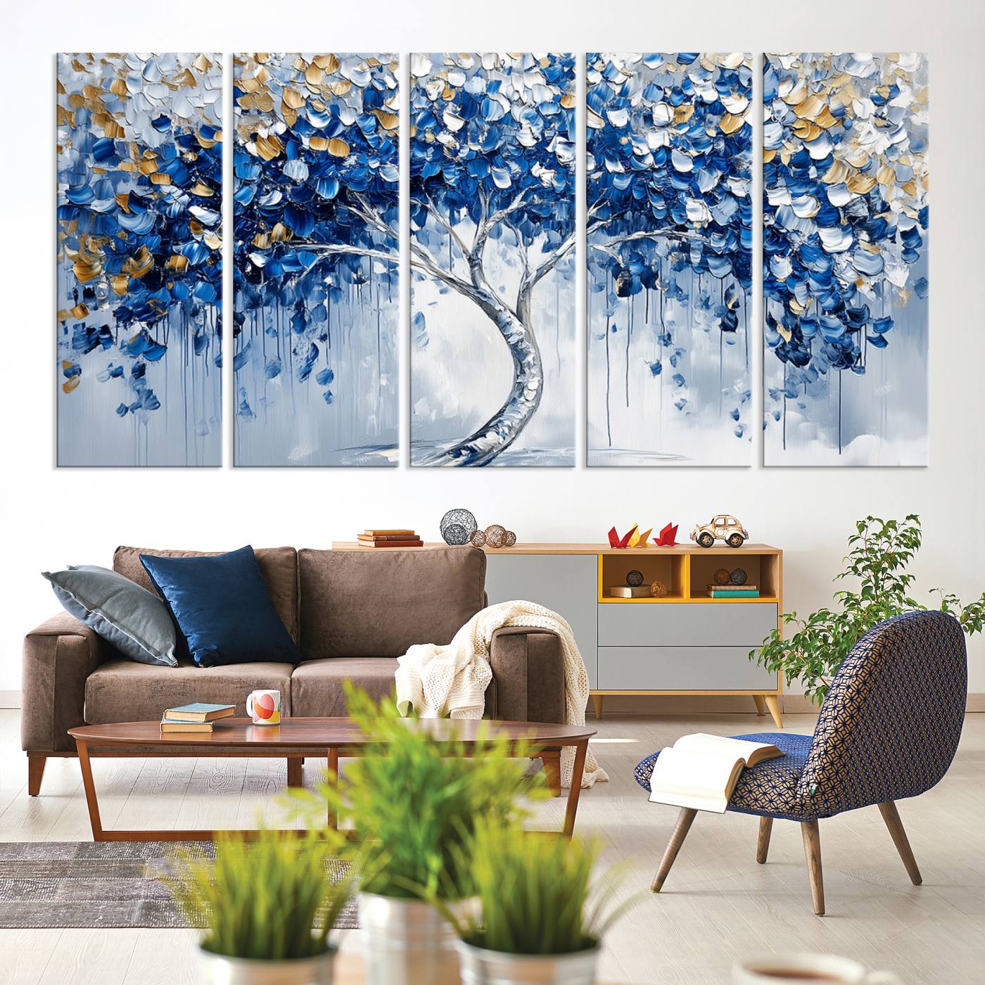 62350-MGV-CV-36X24-Blue and Gold Abstract Tree Wall Art Canvas Print | Modern Tree of Life Painting | Framed Canvas Print