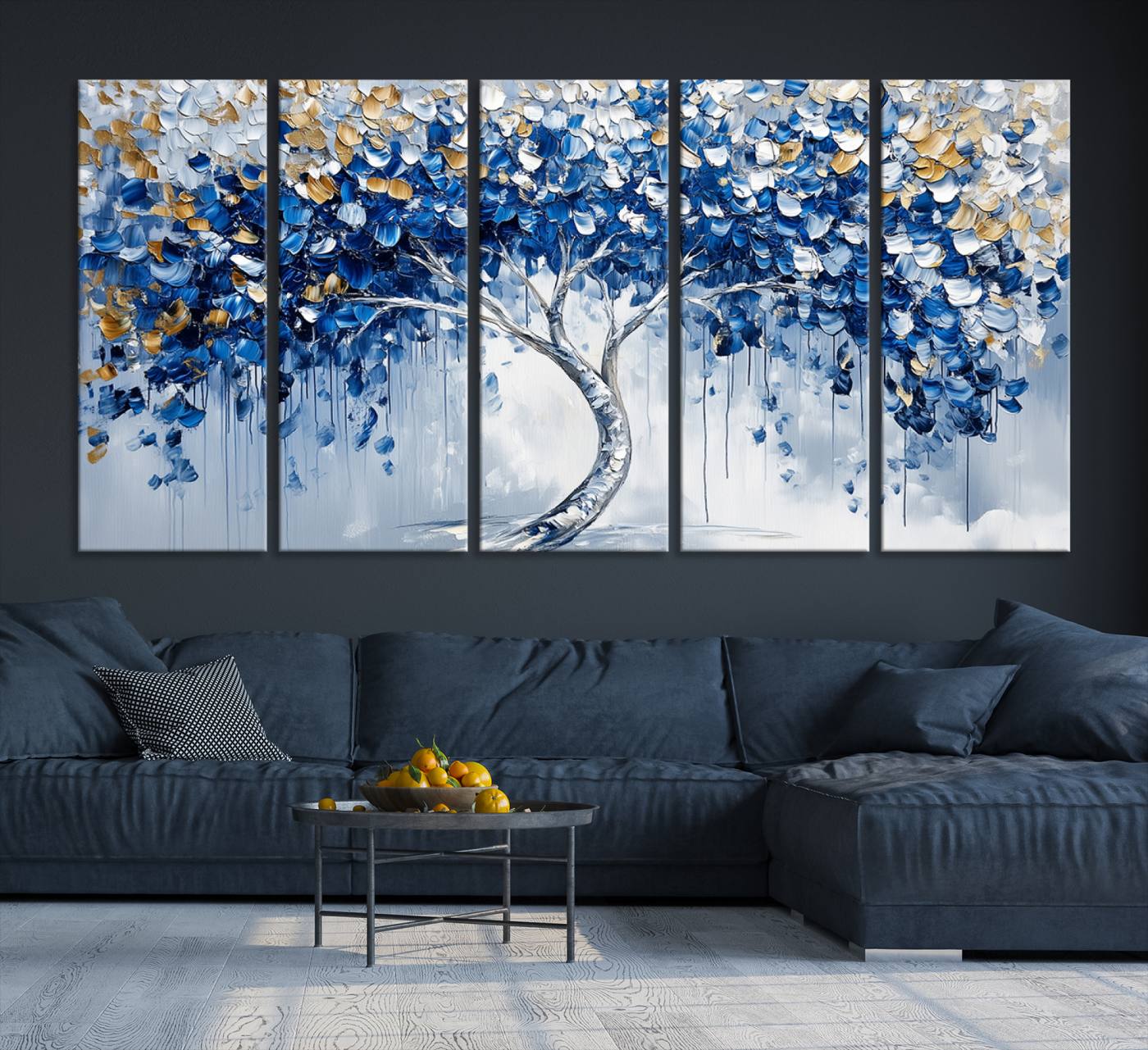 62350-MGV-CV-36X24-Blue and Gold Abstract Tree Wall Art Canvas Print | Modern Tree of Life Painting | Framed Canvas Print