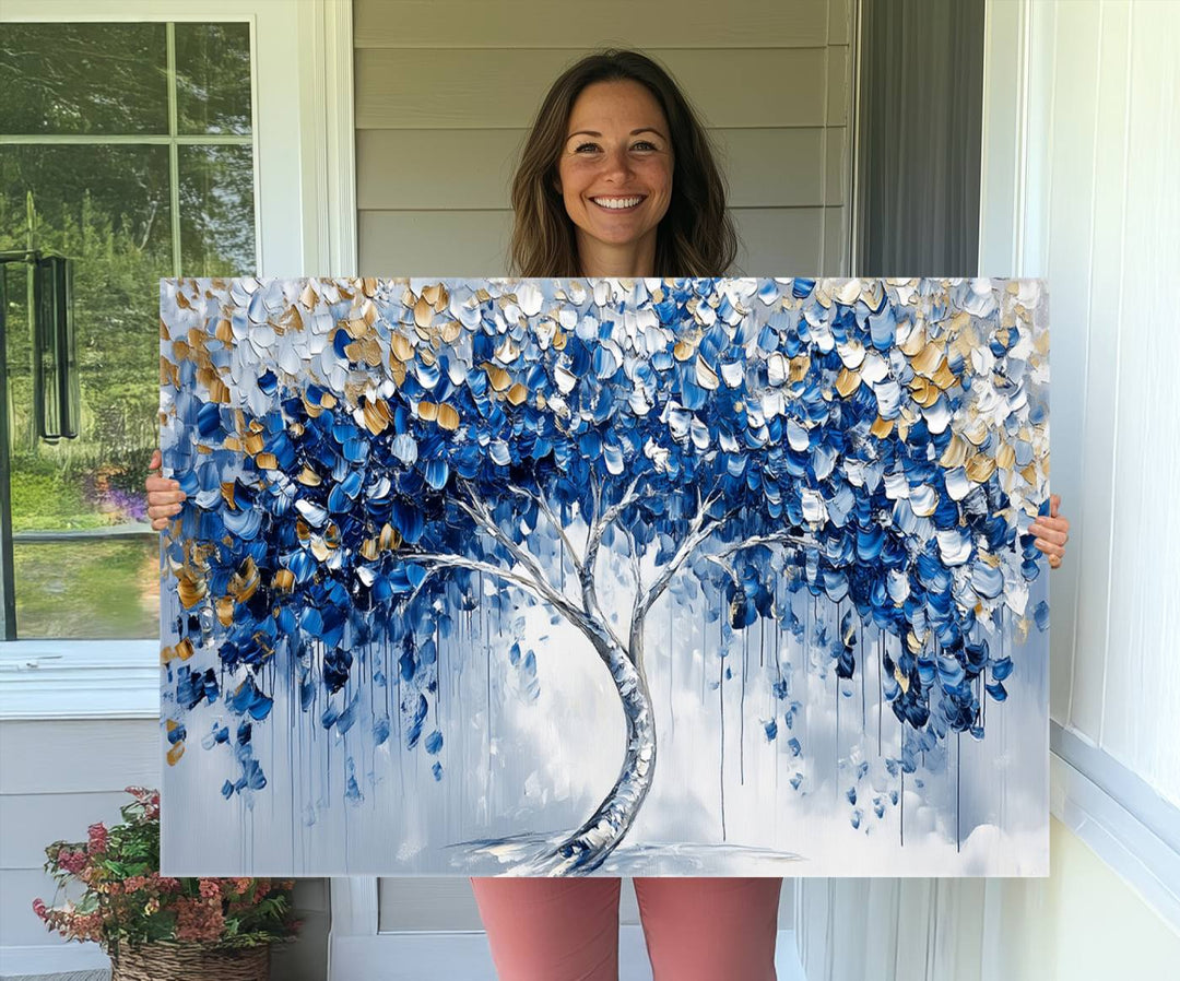 Blue and Gold Abstract Tree Wall Art Canvas Print | Modern Tree of Life Painting | Framed Canvas Print