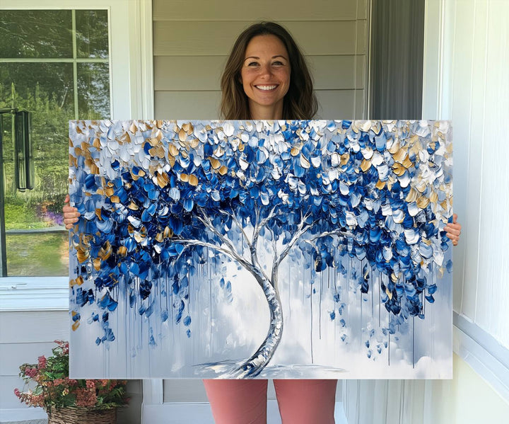 Blue and Gold Abstract Tree Wall Art Canvas Print | Modern Tree of Life Painting | Framed Canvas Print