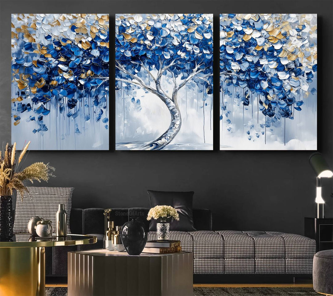 Blue and Gold Abstract Tree Wall Art Canvas Print | Modern Tree of Life Painting | Framed Canvas Print