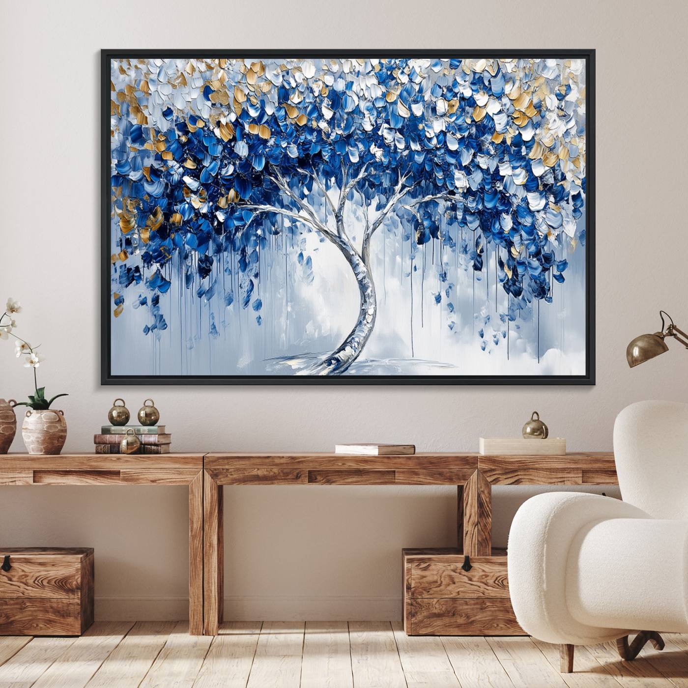 62350-MGV-FC-36X24_Black-Blue and Gold Abstract Tree Wall Art Canvas Print | Modern Tree of Life Painting | Framed Canvas Print