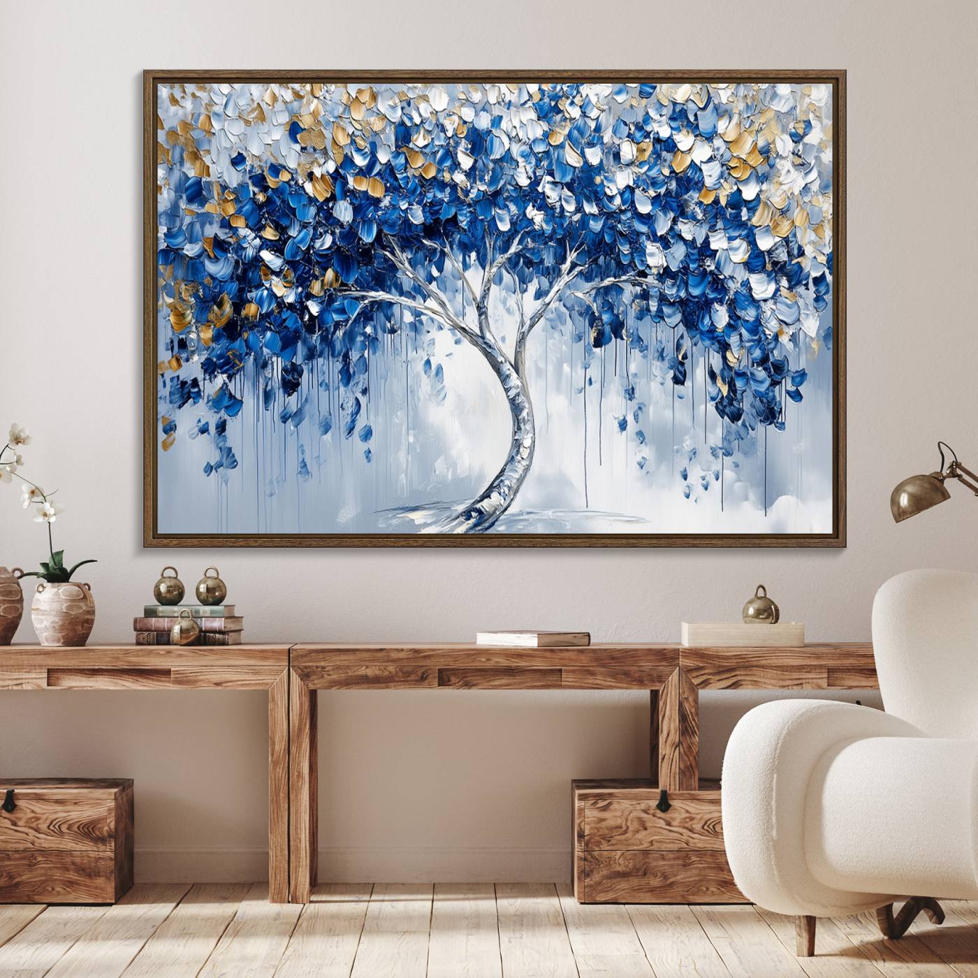 62350-MGV-FC-36X24_Walnut-Blue and Gold Abstract Tree Wall Art Canvas Print | Modern Tree of Life Painting | Framed Canvas Print