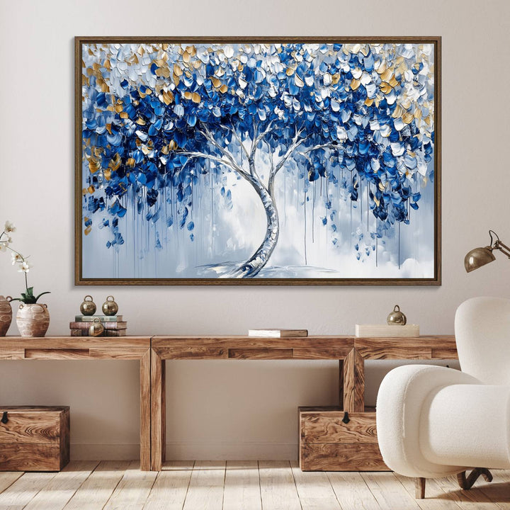 62350-MGV-FC-36X24_Walnut-Blue and Gold Abstract Tree Wall Art Canvas Print | Modern Tree of Life Painting | Framed Canvas Print