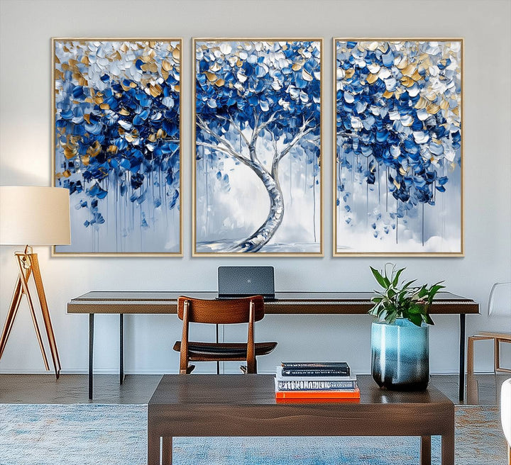62350-MGV-FC-48X32-3P_Natural-Blue and Gold Abstract Tree Wall Art Canvas Print | Modern Tree of Life Painting | Framed Canvas Print