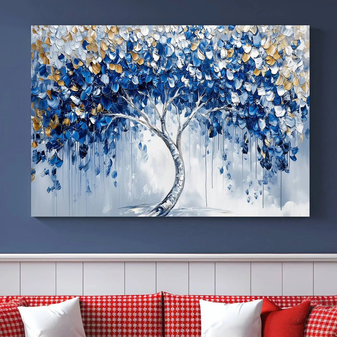 A framed canvas print of the Blue and Gold Abstract Tree Wall Art, depicting a modern Tree of Life painting, graces the dark wall, infusing the space with contemporary design and elegance.