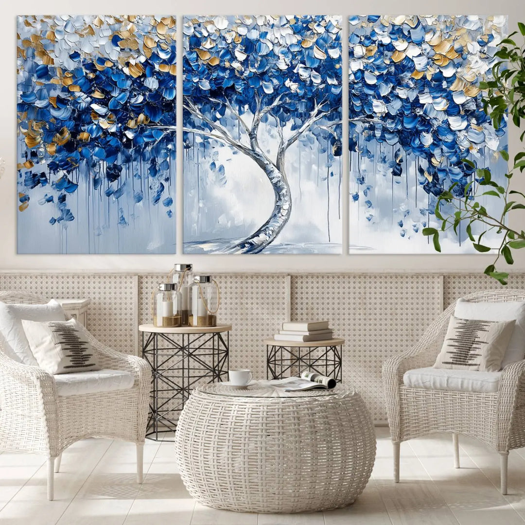 A framed canvas print of the Blue and Gold Abstract Tree Wall Art, depicting a modern Tree of Life painting, graces the dark wall, infusing the space with contemporary design and elegance.