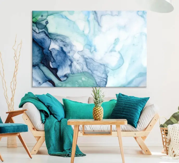 The Blue and Green Marble Fluid Effect Wall Art Abstract Canvas Wall Art Print, gallery wrapped on museum-quality canvas, adorns the black wall.