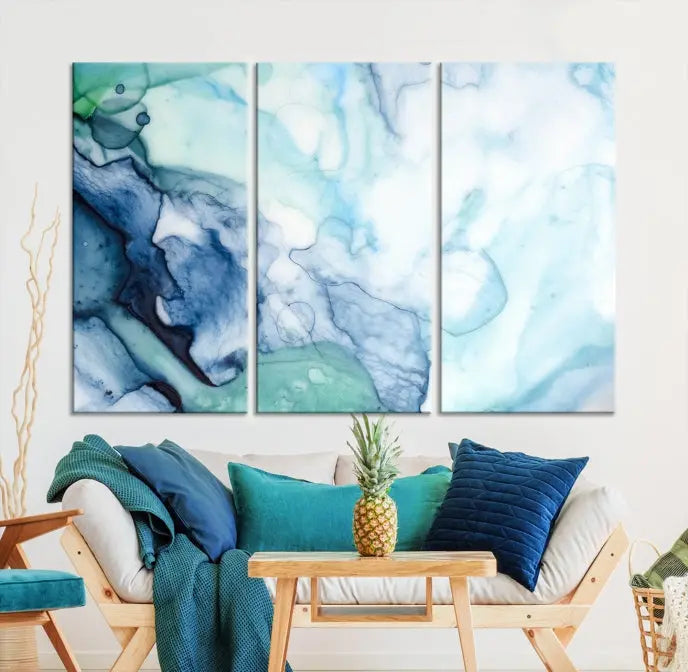 Blue and Green Marble Fluid Effect Wall Art Abstract Canvas Wall Art Print 