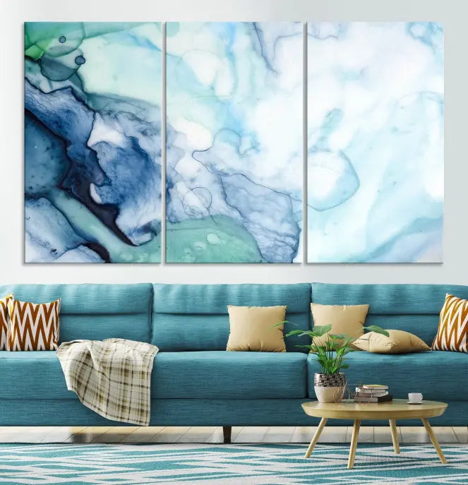 Blue and Green Marble Fluid Effect Wall Art Abstract Canvas Wall Art Print 