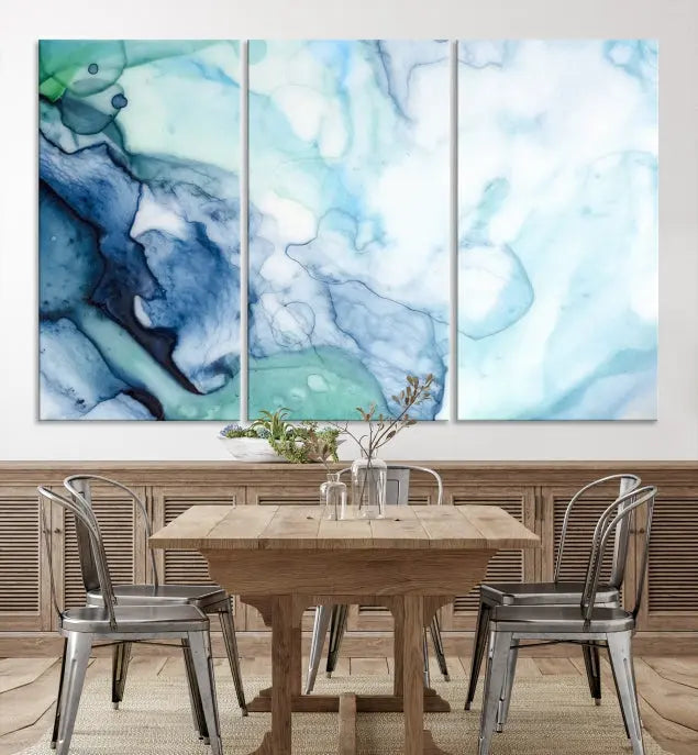 The Blue and Green Marble Fluid Effect Wall Art Abstract Canvas Wall Art Print, gallery wrapped on museum-quality canvas, adorns the black wall.