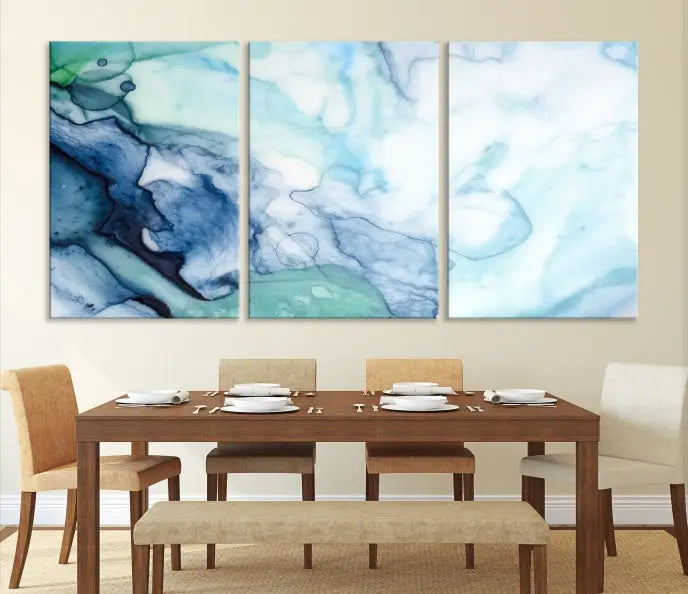 The Blue and Green Marble Fluid Effect Wall Art Abstract Canvas Wall Art Print, gallery wrapped on museum-quality canvas, adorns the black wall.