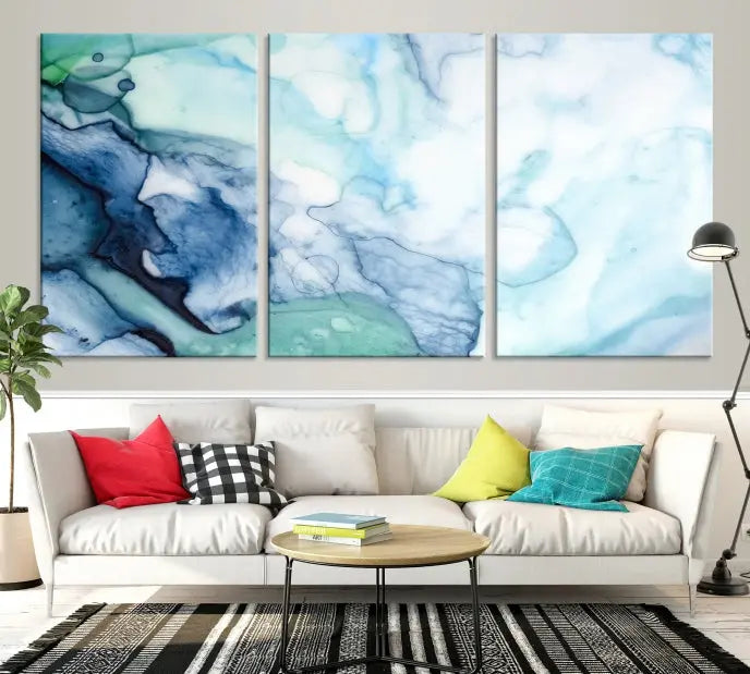 The Blue and Green Marble Fluid Effect Wall Art Abstract Canvas Wall Art Print, gallery wrapped on museum-quality canvas, adorns the black wall.