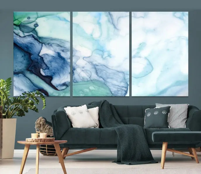 The Blue and Green Marble Fluid Effect Wall Art Abstract Canvas Wall Art Print, gallery wrapped on museum-quality canvas, adorns the black wall.