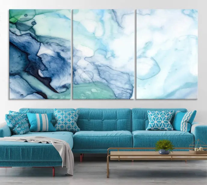 The Blue and Green Marble Fluid Effect Wall Art Abstract Canvas Wall Art Print, gallery wrapped on museum-quality canvas, adorns the black wall.