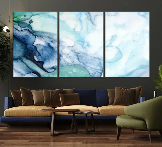 The Blue and Green Marble Fluid Effect Wall Art Abstract Canvas Wall Art Print, gallery wrapped on museum-quality canvas, adorns the black wall.