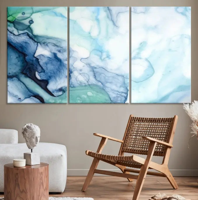 The Blue and Green Marble Fluid Effect Wall Art Abstract Canvas Wall Art Print, gallery wrapped on museum-quality canvas, adorns the black wall.