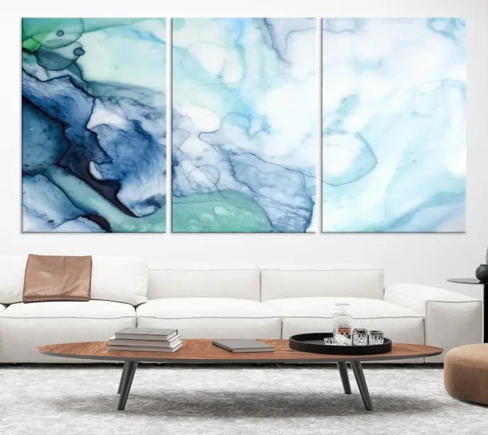 The Blue and Green Marble Fluid Effect Wall Art Abstract Canvas Wall Art Print, gallery wrapped on museum-quality canvas, adorns the black wall.