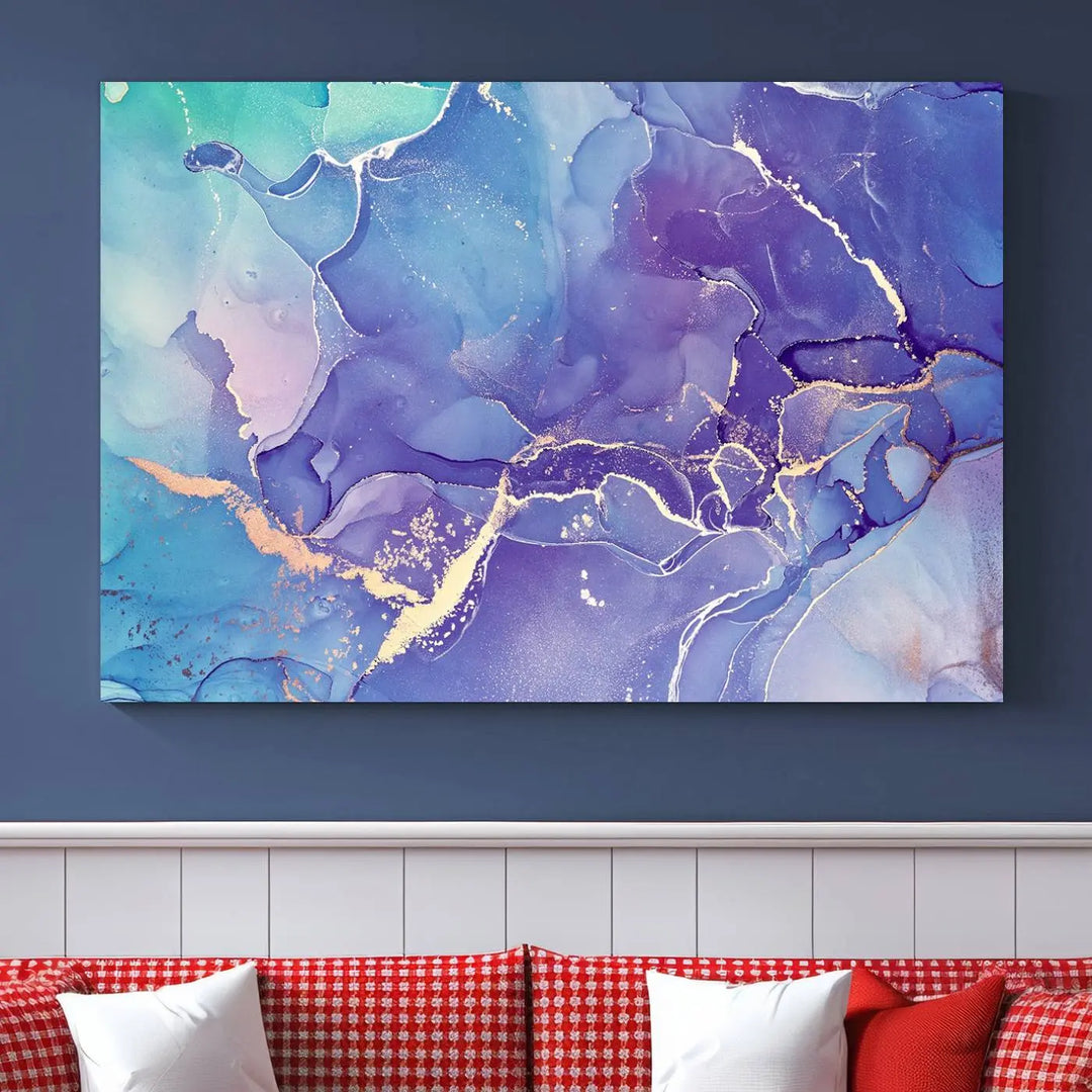 A Blue and Purple Marble Fluid Effect Wall Art Abstract Canvas Print graces the wall. This gallery-wrapped masterpiece is crafted on museum-quality polycotton and finished with a UV-protective coating for enduring brilliance.