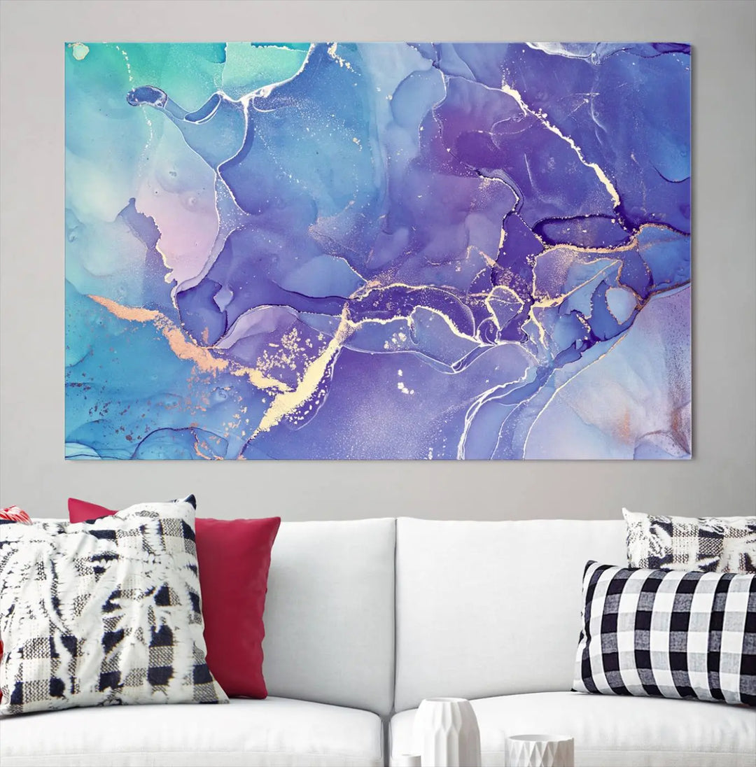 A Blue and Purple Marble Fluid Effect Wall Art Abstract Canvas Print graces the wall. This gallery-wrapped masterpiece is crafted on museum-quality polycotton and finished with a UV-protective coating for enduring brilliance.