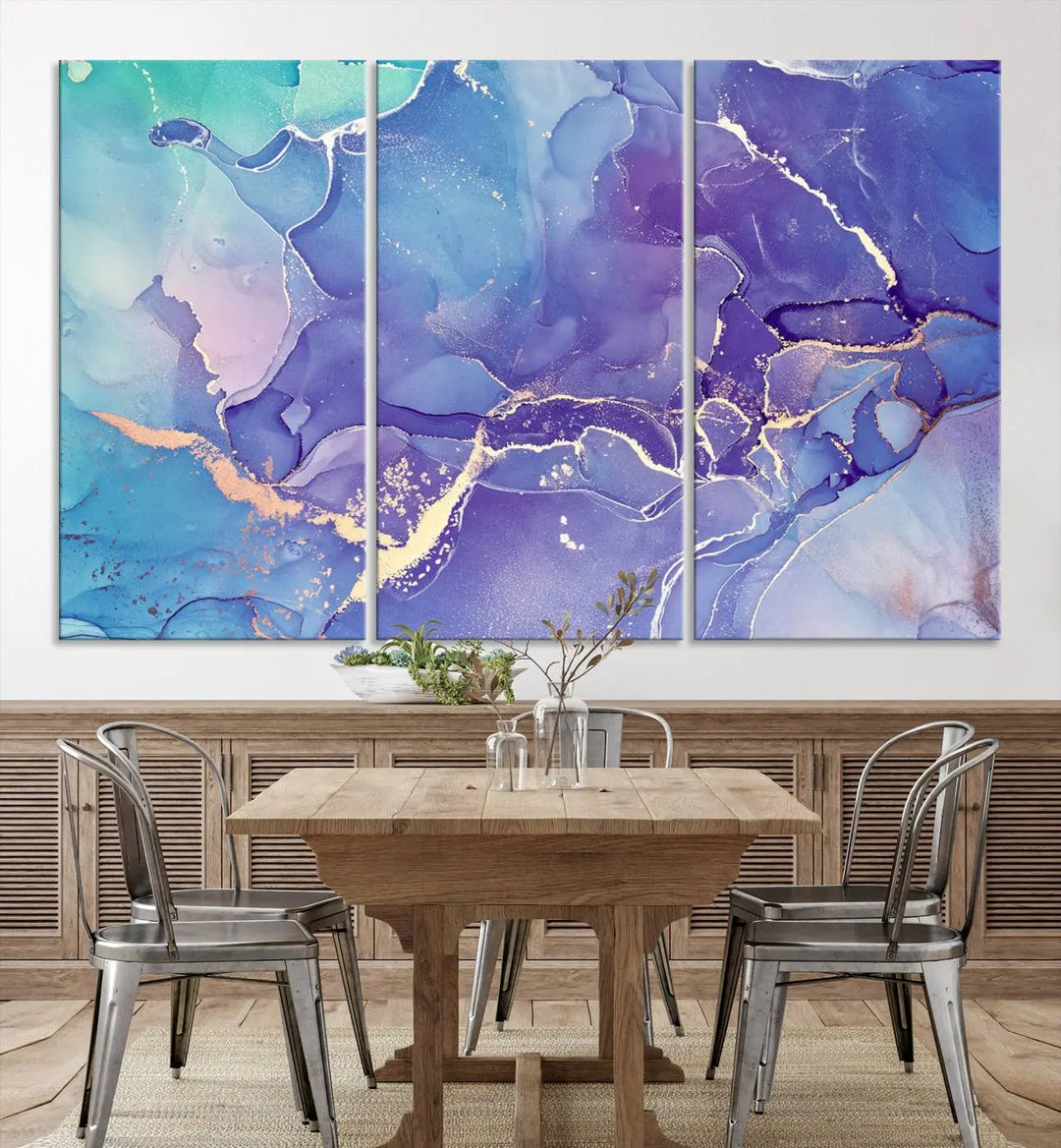 A Blue and Purple Marble Fluid Effect Wall Art Abstract Canvas Print graces the wall. This gallery-wrapped masterpiece is crafted on museum-quality polycotton and finished with a UV-protective coating for enduring brilliance.