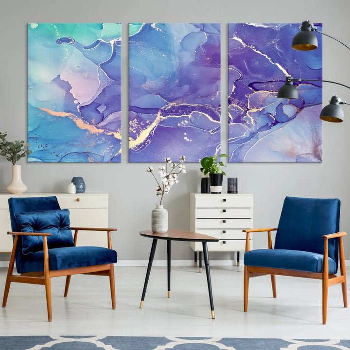 A Blue and Purple Marble Fluid Effect Wall Art Abstract Canvas Print graces the wall. This gallery-wrapped masterpiece is crafted on museum-quality polycotton and finished with a UV-protective coating for enduring brilliance.