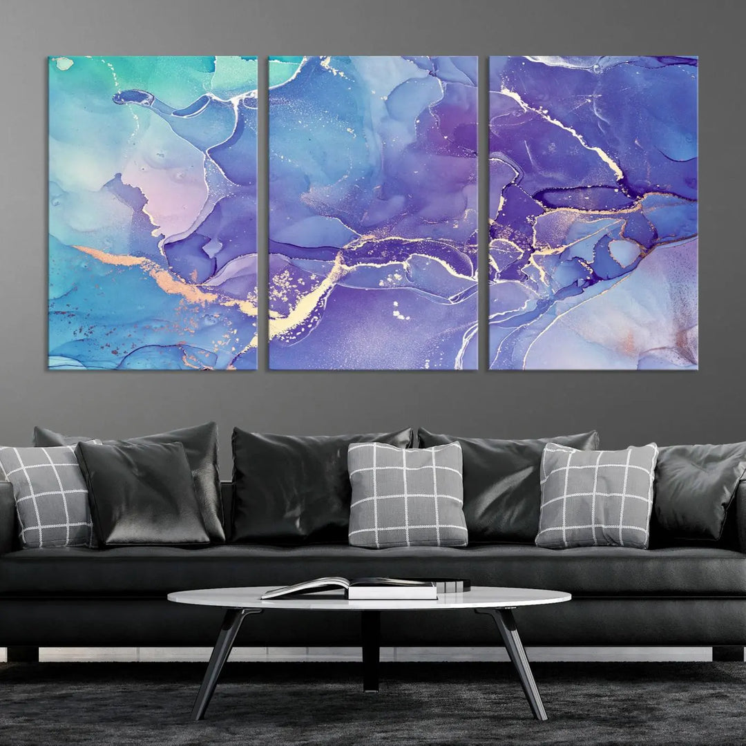 A Blue and Purple Marble Fluid Effect Wall Art Abstract Canvas Print graces the wall. This gallery-wrapped masterpiece is crafted on museum-quality polycotton and finished with a UV-protective coating for enduring brilliance.