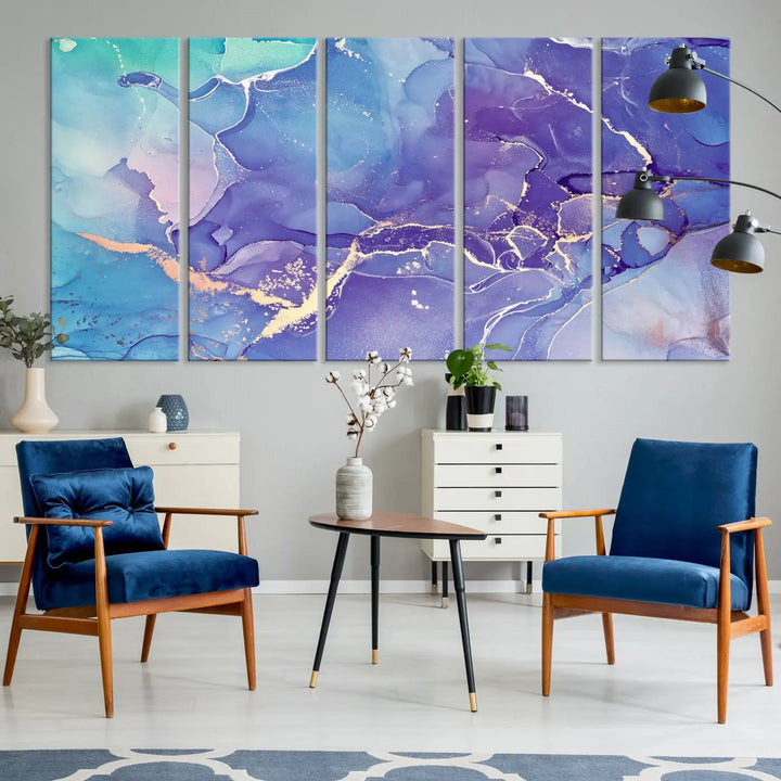 A Blue and Purple Marble Fluid Effect Wall Art Abstract Canvas Print graces the wall. This gallery-wrapped masterpiece is crafted on museum-quality polycotton and finished with a UV-protective coating for enduring brilliance.