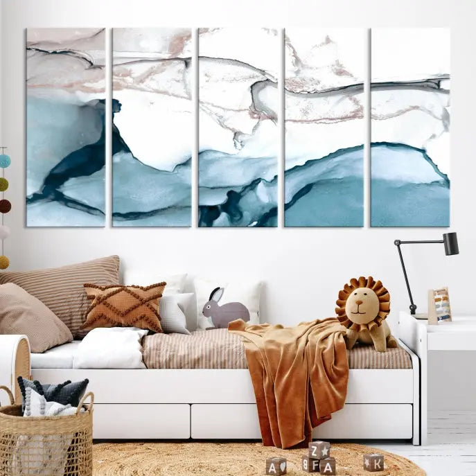 The modern living room features the Blue and Rose Gold Marble Fluid Effect Wall Art Abstract Canvas Art Print displayed on a gray wall.