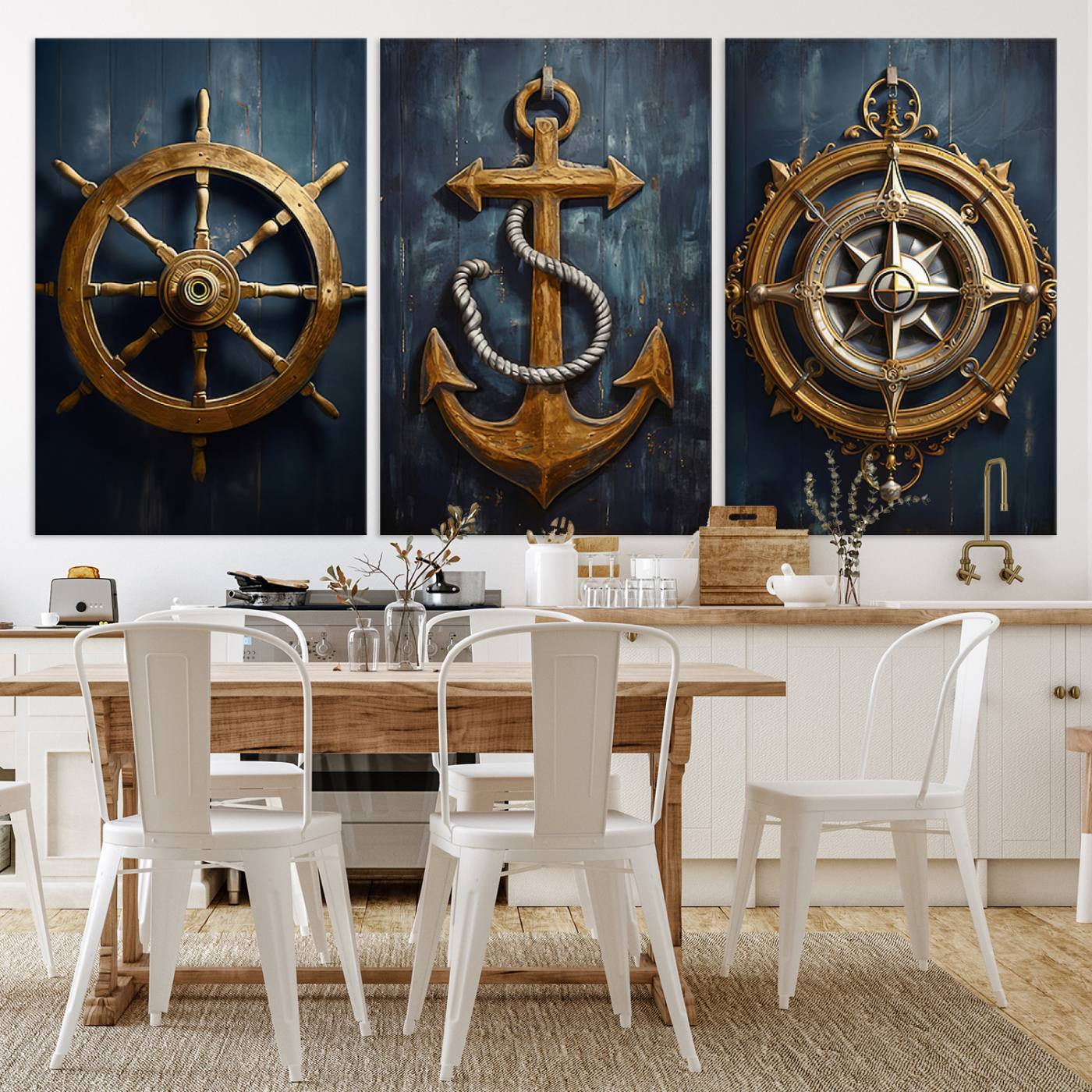 56214-MGV-CV-60X30-3P-Boat Anchor Compass With Rope Wall Art Canvas Print | Beach House Wall Art