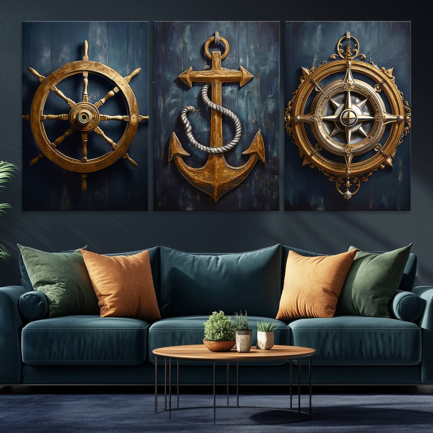 56214-MGV-CV-60X30-3P-Boat Anchor Compass With Rope Wall Art Canvas Print | Beach House Wall Art