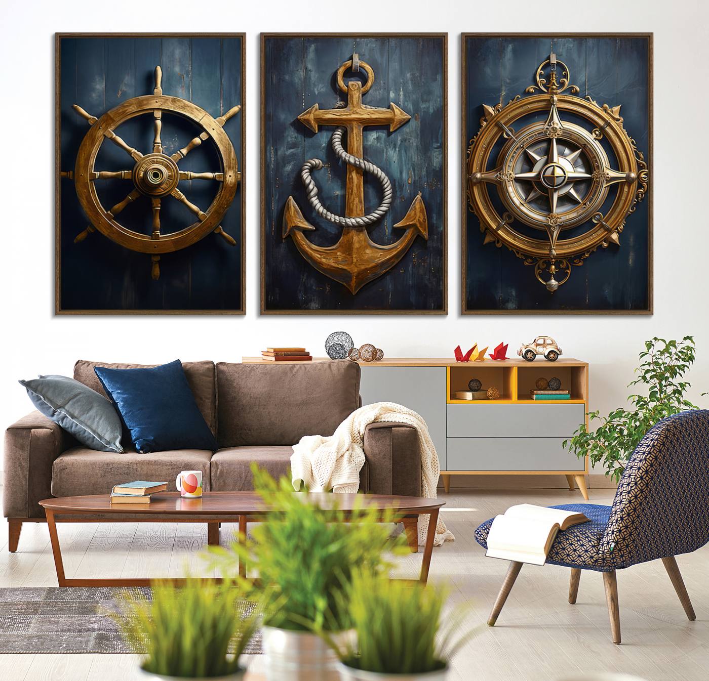 56214-MGV-CV-60X30-3P-Boat Anchor Compass With Rope Wall Art Canvas Print | Beach House Wall Art