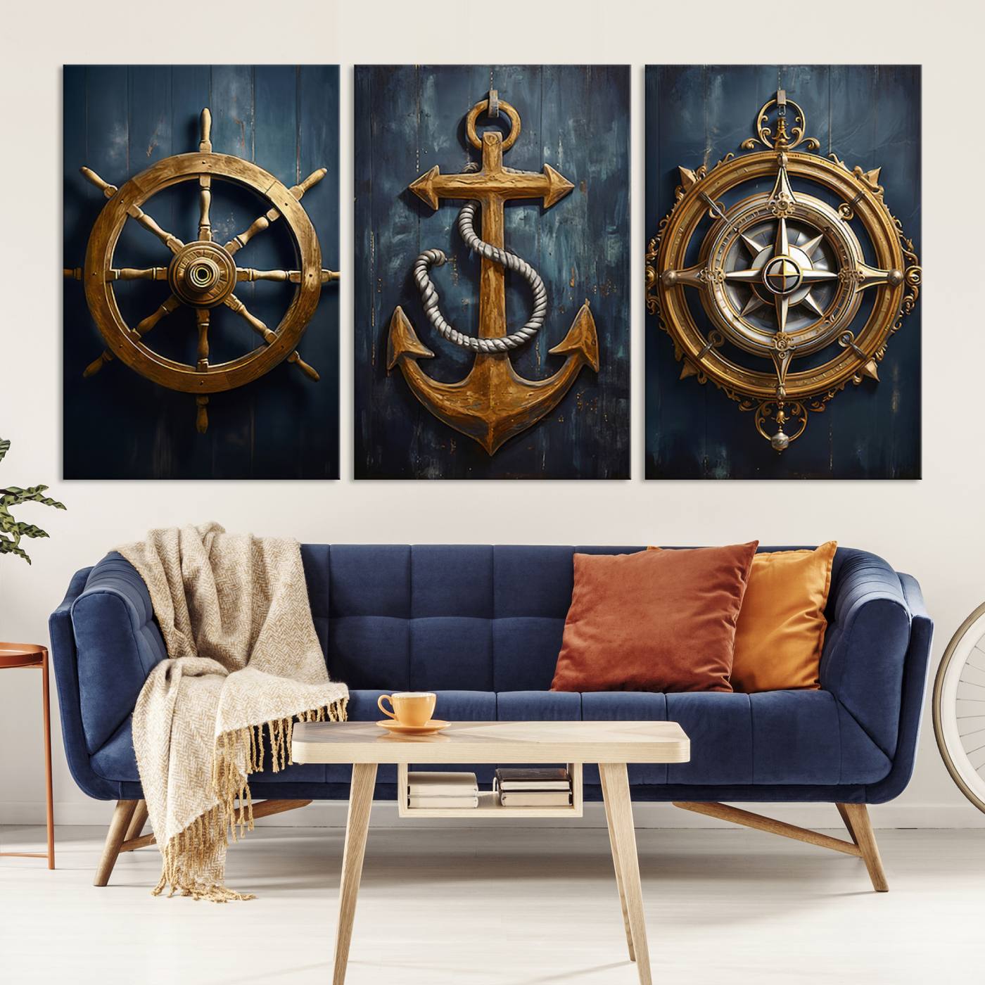 56214-MGV-CV-60X30-3P-Boat Anchor Compass With Rope Wall Art Canvas Print | Beach House Wall Art
