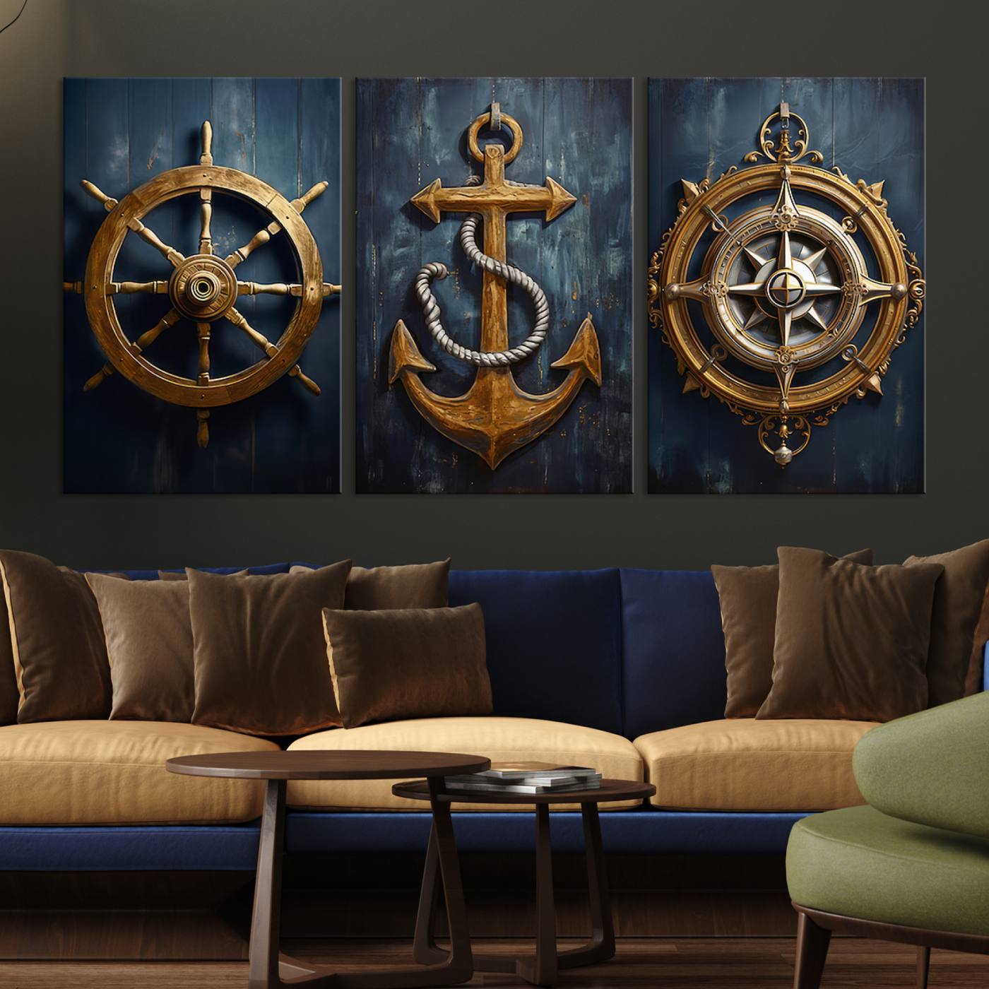 56214-MGV-CV-60X30-3P-Boat Anchor Compass With Rope Wall Art Canvas Print | Beach House Wall Art