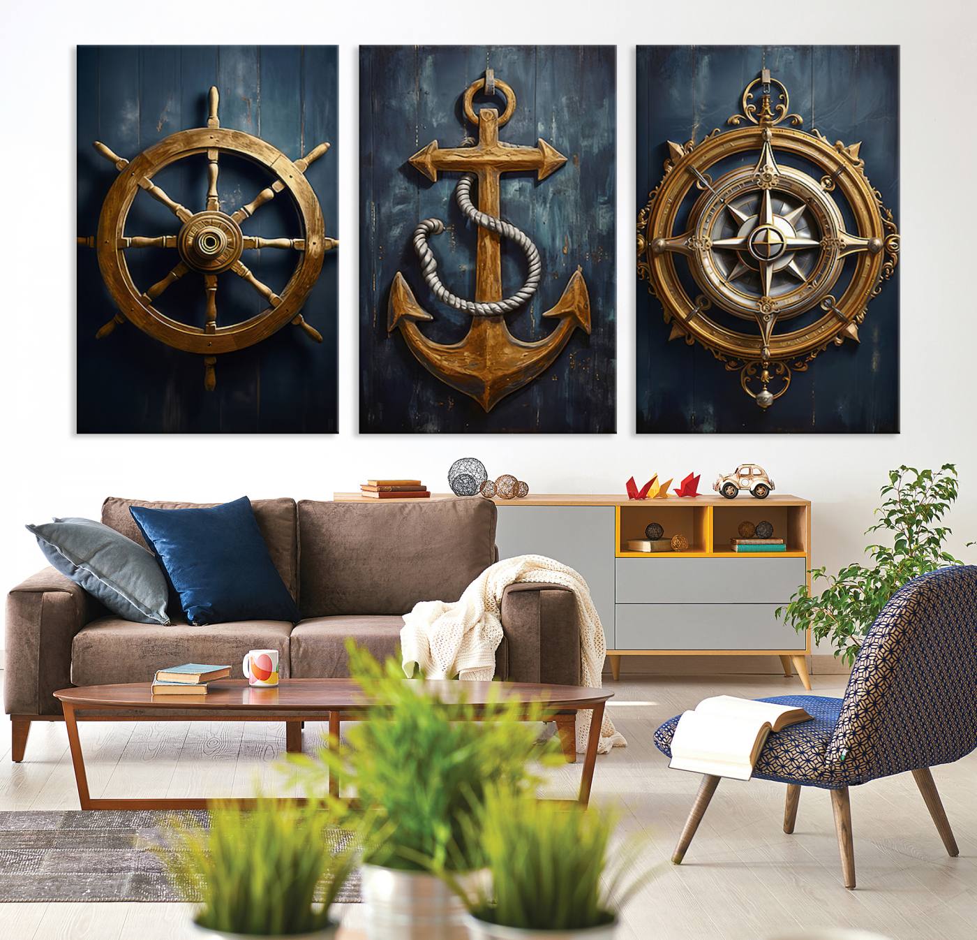56214-MGV-CV-60X30-3P-Boat Anchor Compass With Rope Wall Art Canvas Print | Beach House Wall Art