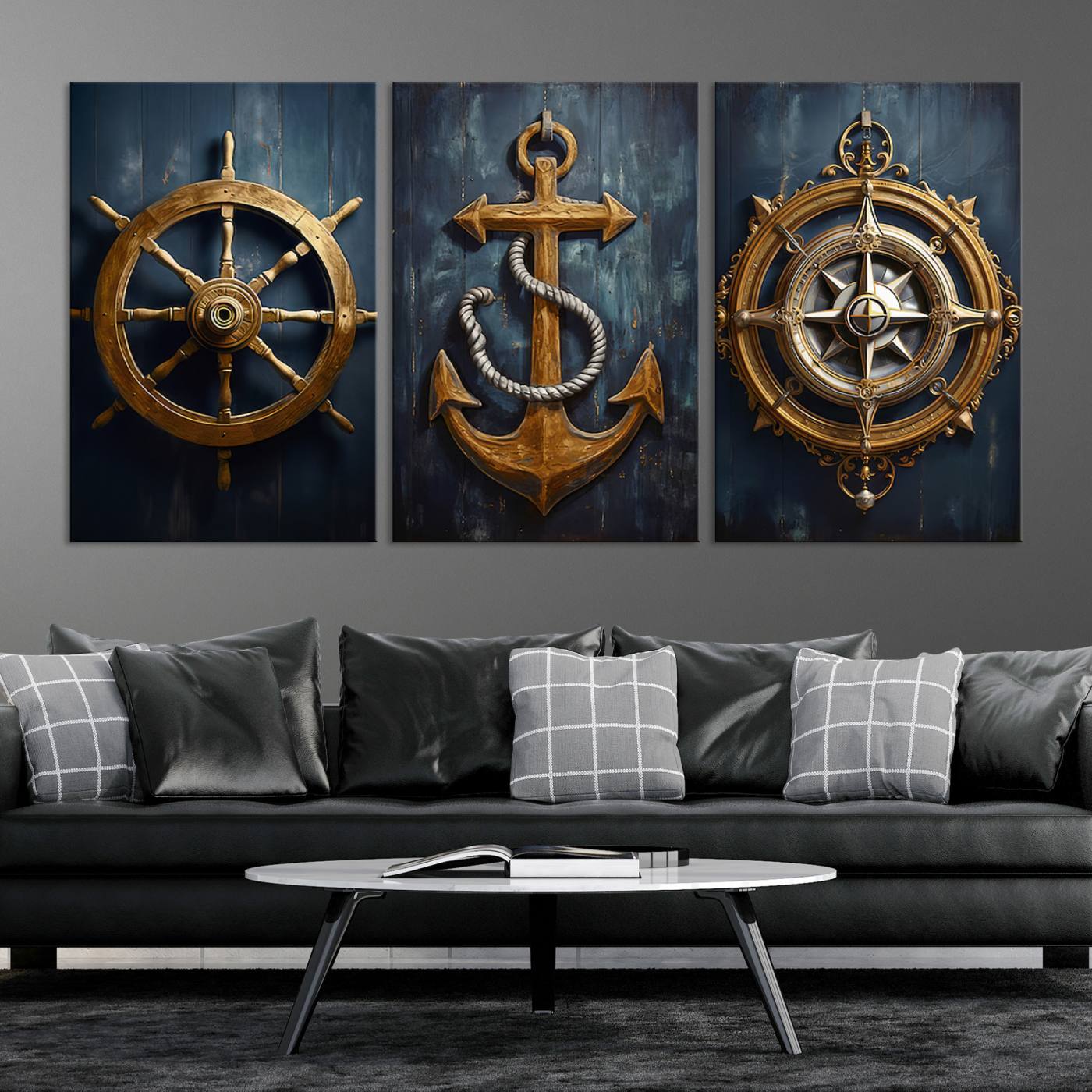56214-MGV-CV-60X30-3P-Boat Anchor Compass With Rope Wall Art Canvas Print | Beach House Wall Art