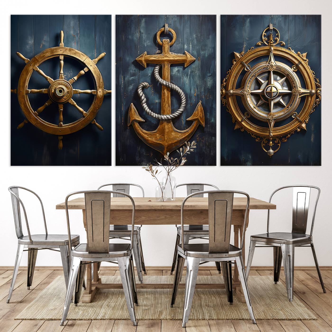 56214-MGV-CV-60X30-3P-Boat Anchor Compass With Rope Wall Art Canvas Print | Beach House Wall Art