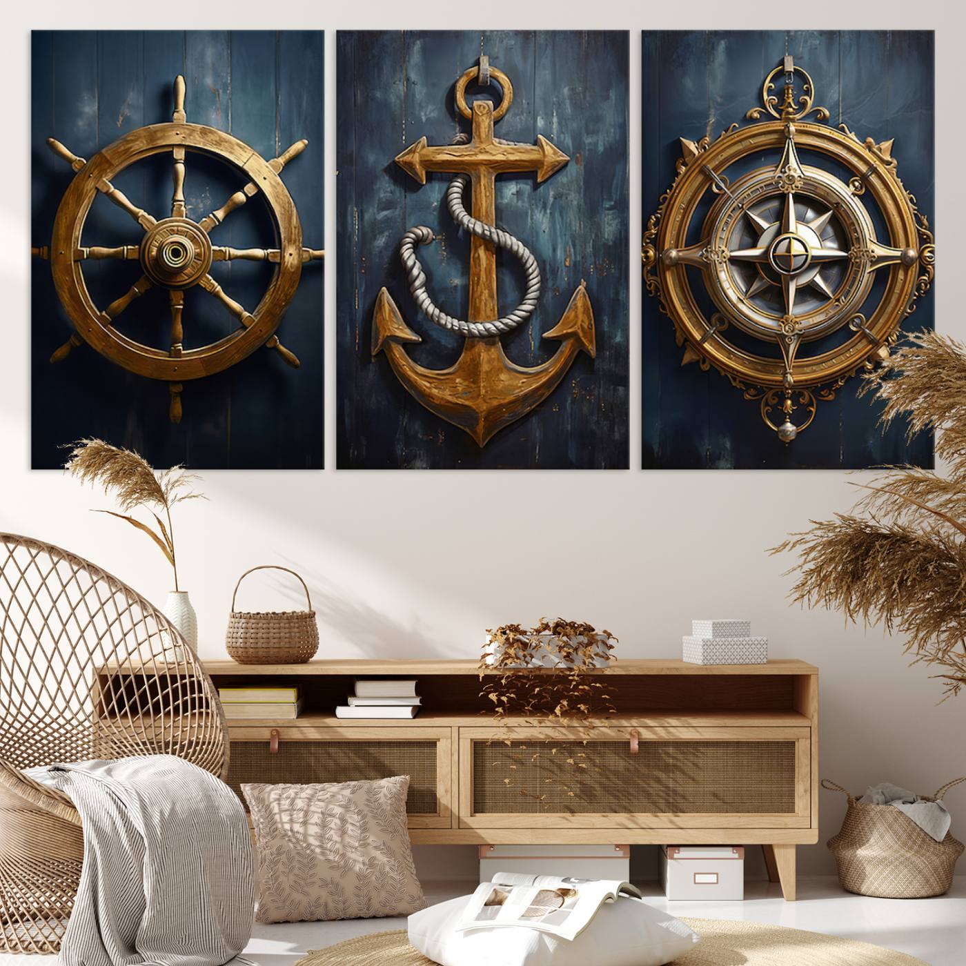 56214-MGV-CV-60X30-3P-Boat Anchor Compass With Rope Wall Art Canvas Print | Beach House Wall Art