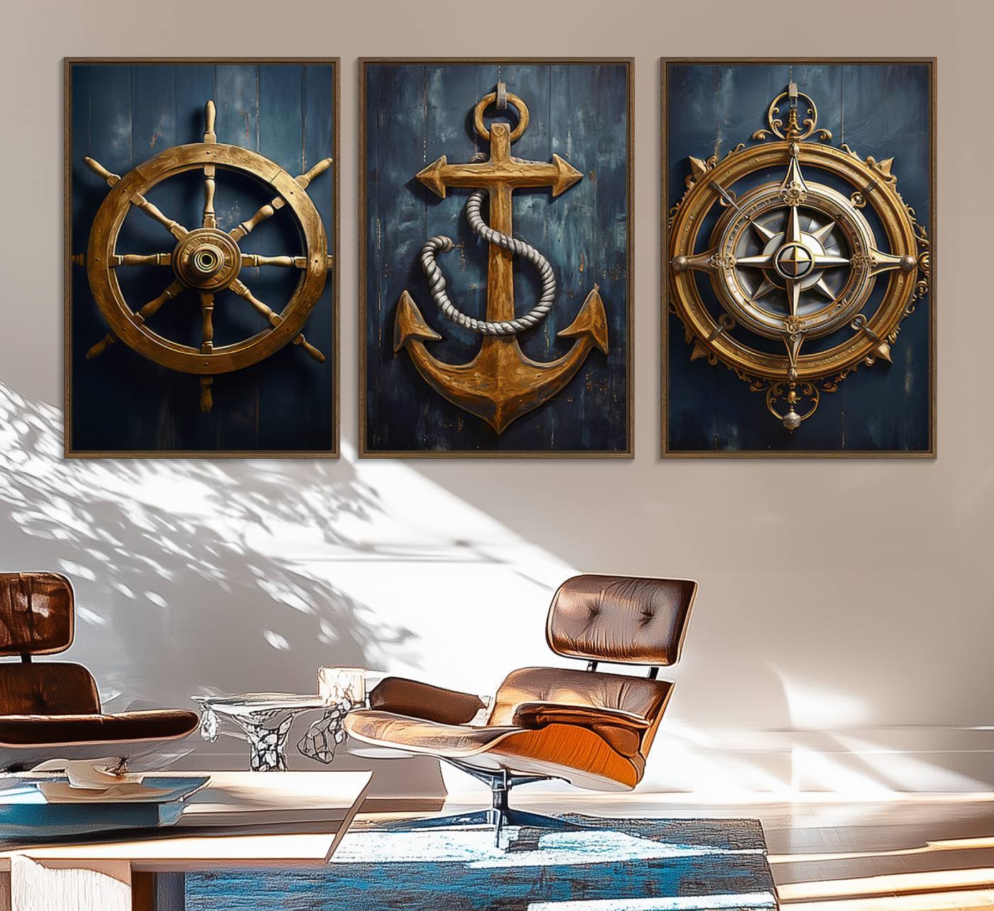 56214-MGV-FC-60X30-3P_Walnut-Boat Anchor Compass With Rope Wall Art Canvas Print | Beach House Wall Art