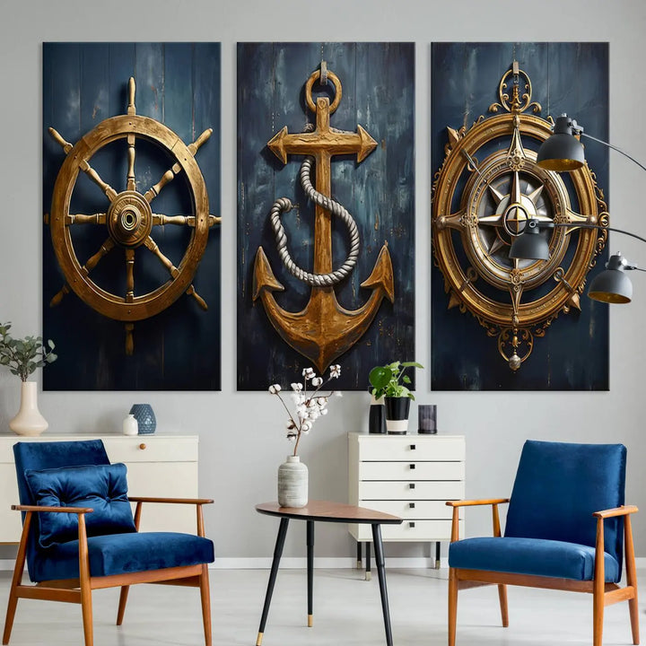 The walls are adorned with the Boat Anchor Compass With Rope Wall Art Canvas Print, evoking the serene essence of the sea in coastal decor.