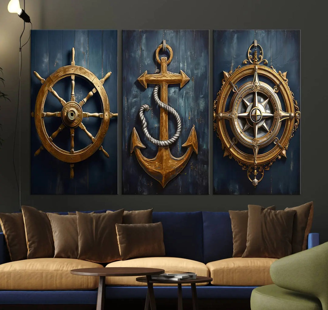 The walls are adorned with the Boat Anchor Compass With Rope Wall Art Canvas Print, evoking the serene essence of the sea in coastal decor.