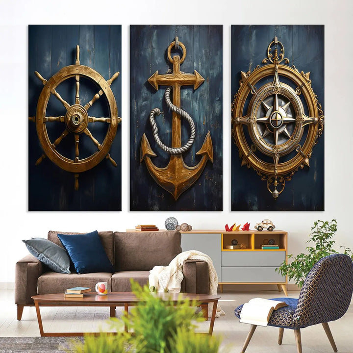 The walls are adorned with the Boat Anchor Compass With Rope Wall Art Canvas Print, evoking the serene essence of the sea in coastal decor.